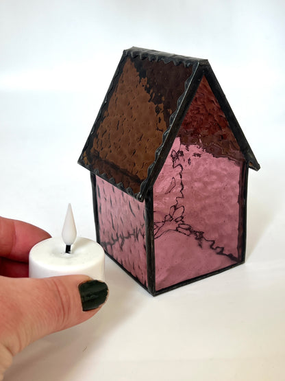 Stained Glass tea light House - Ruby/Purple