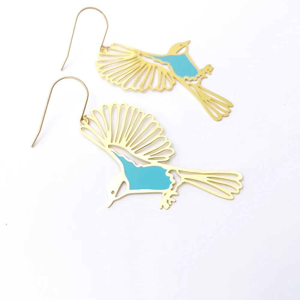 Bird in Flight Earrings in Gold & Duck Egg