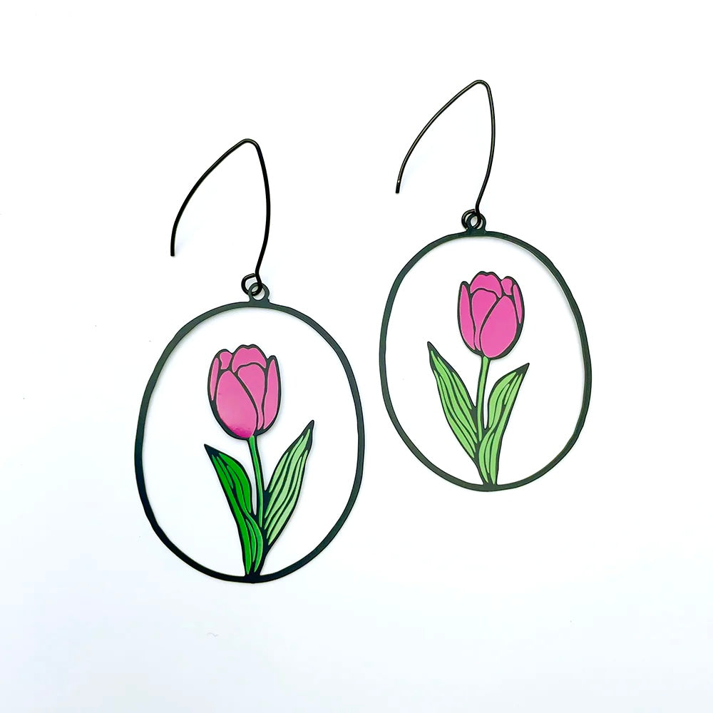 Tulip Flower Earrings in Black, Pink & Green