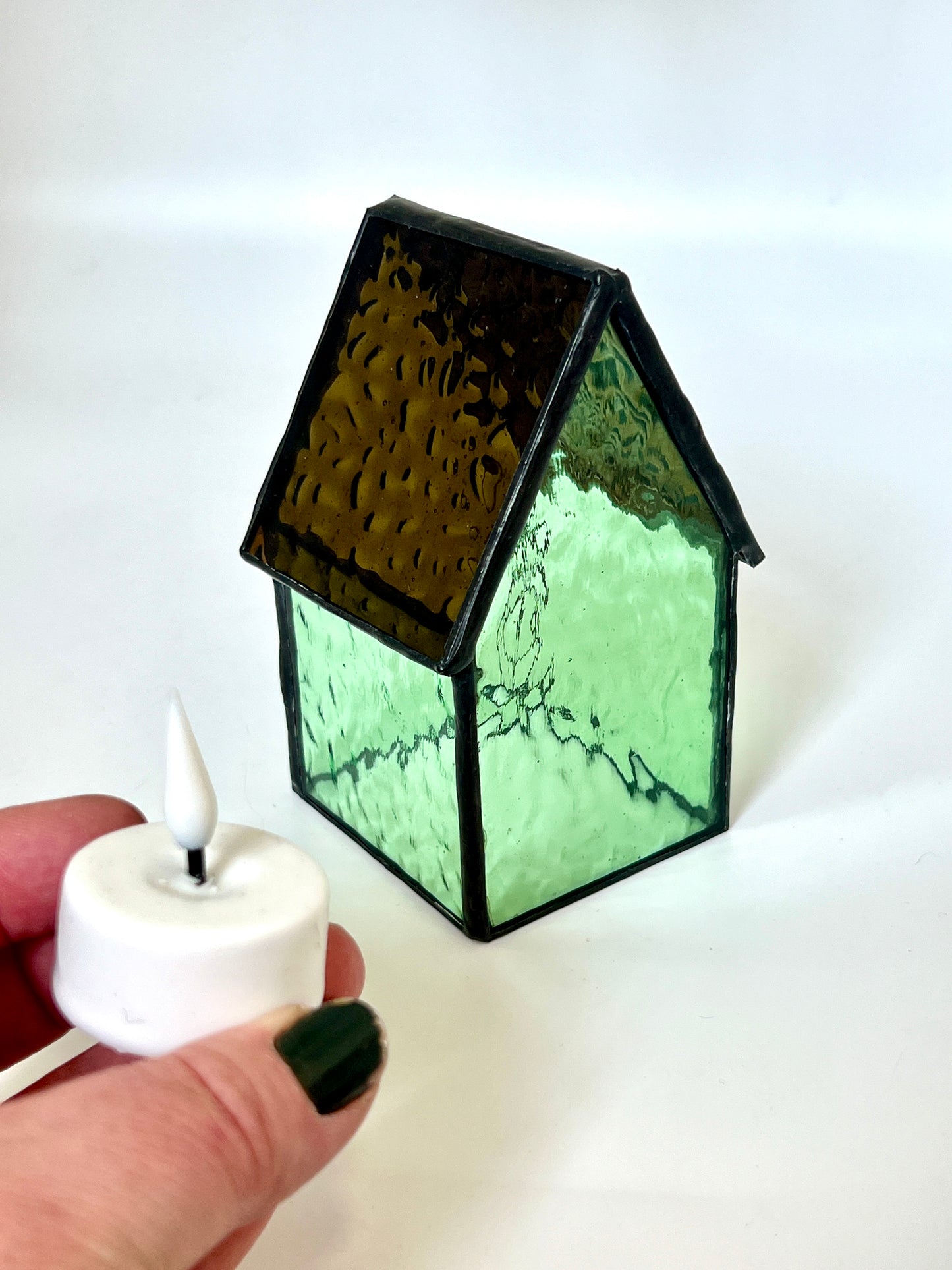 Stained Glass tea light House  - Green