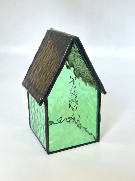 Stained Glass tea light House  - Green