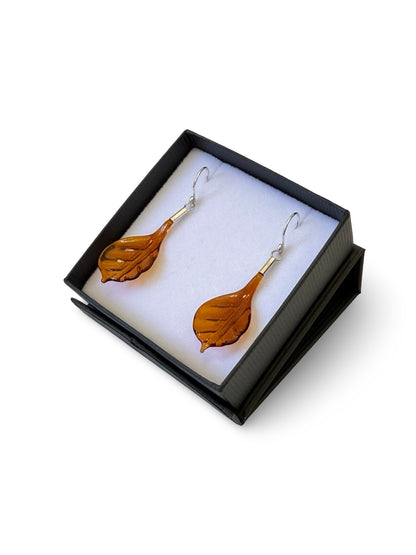 Glass Leaf Drop Earrings - Amber