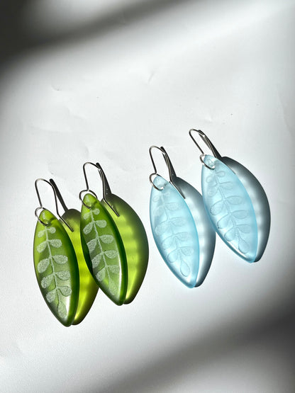 Kowhai Leaf Earrings - Light Blue Glass