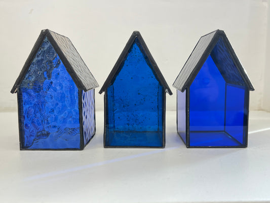 Stained Glass tea light House  - Dark Blue