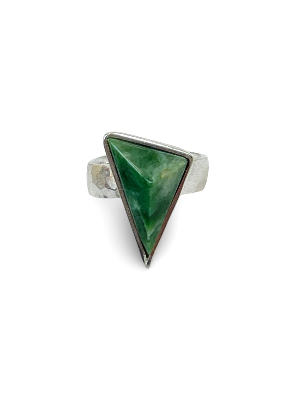 Long Triangle Facet Pounamu & Sterling Silver Texture Ring (RI-TR3)