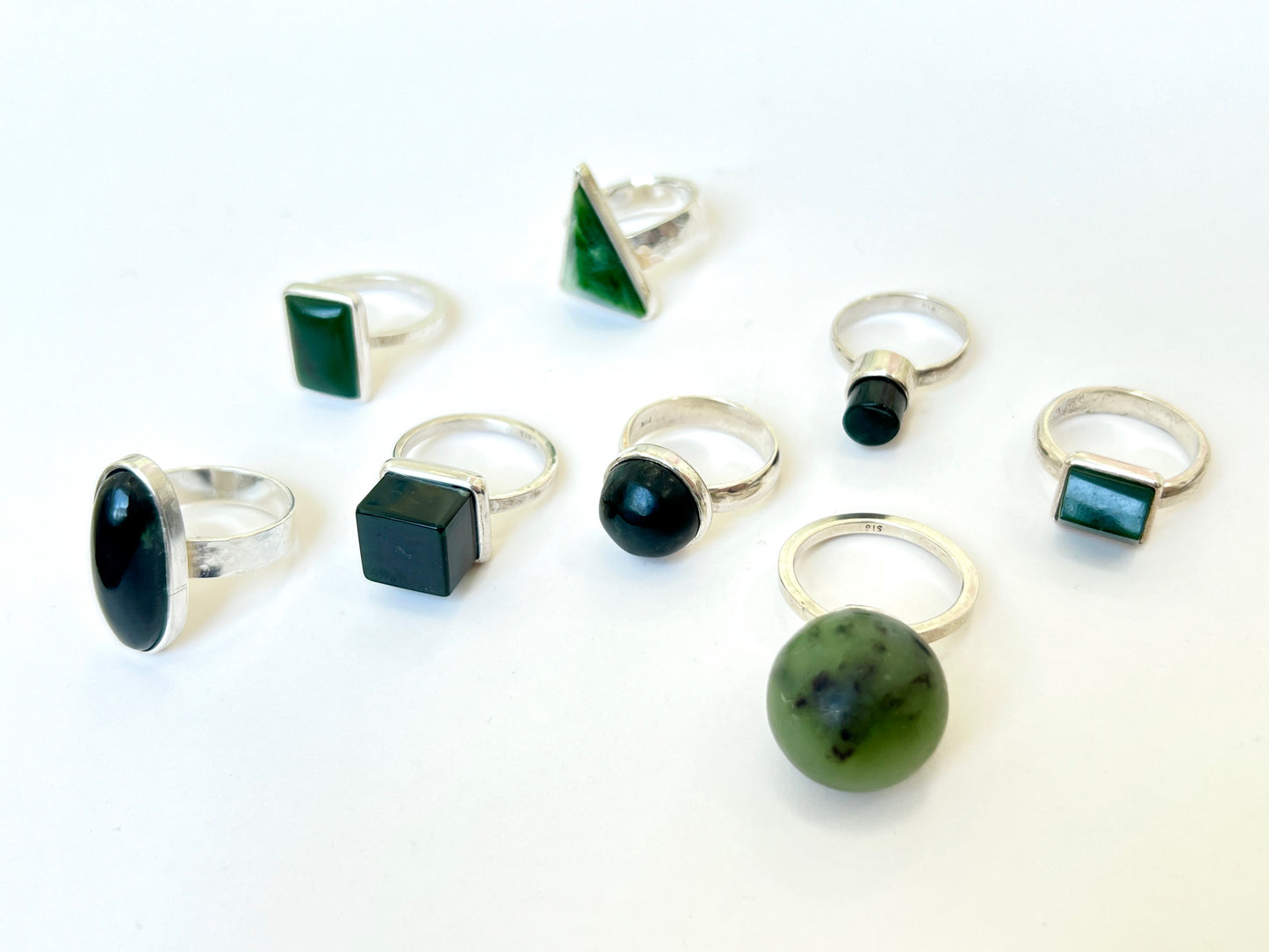 Long Triangle Facet Pounamu & Sterling Silver Texture Ring (RI-TR3)