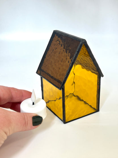 Stained Glass Tea Light House - Dark Yellow