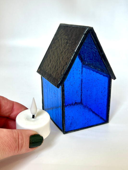 Stained Glass tea light House  - Dark Blue