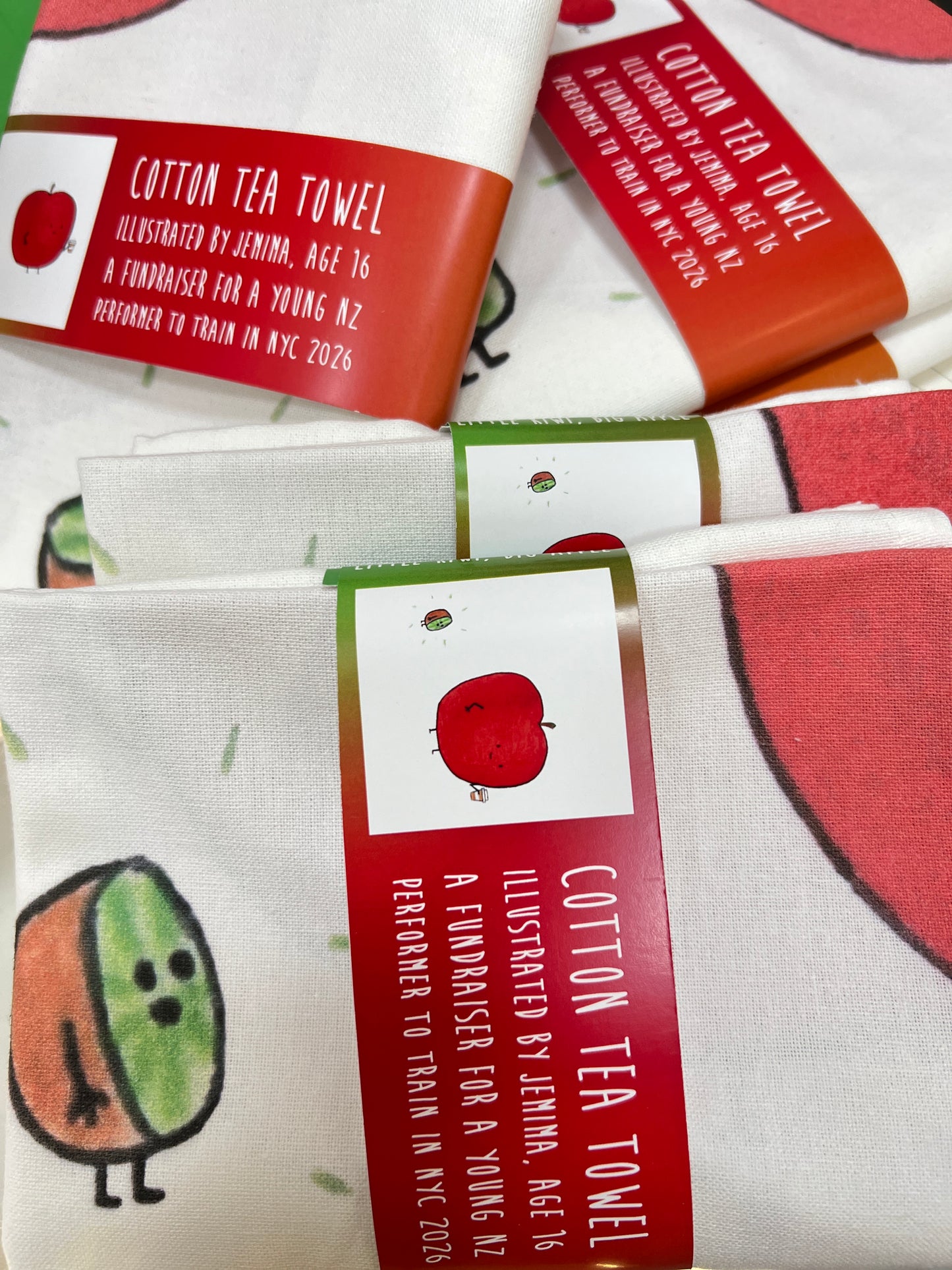 Little Kiwi, Big Apple - Limited Edition Illustrated Cotton Tea towel by Jemimadidit