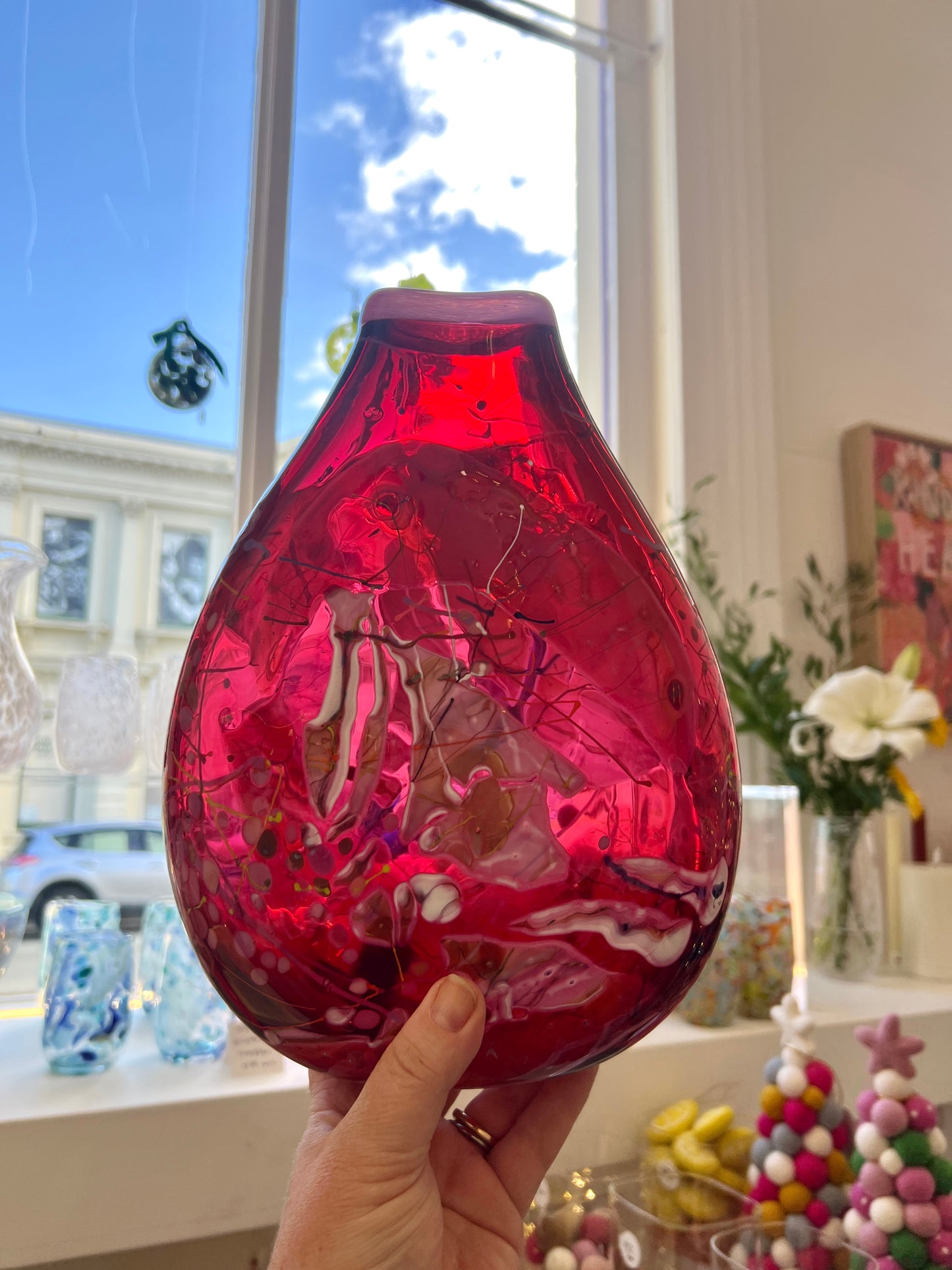 Large Oval Red Shard Handblown Glass Vase by Grinter Glass