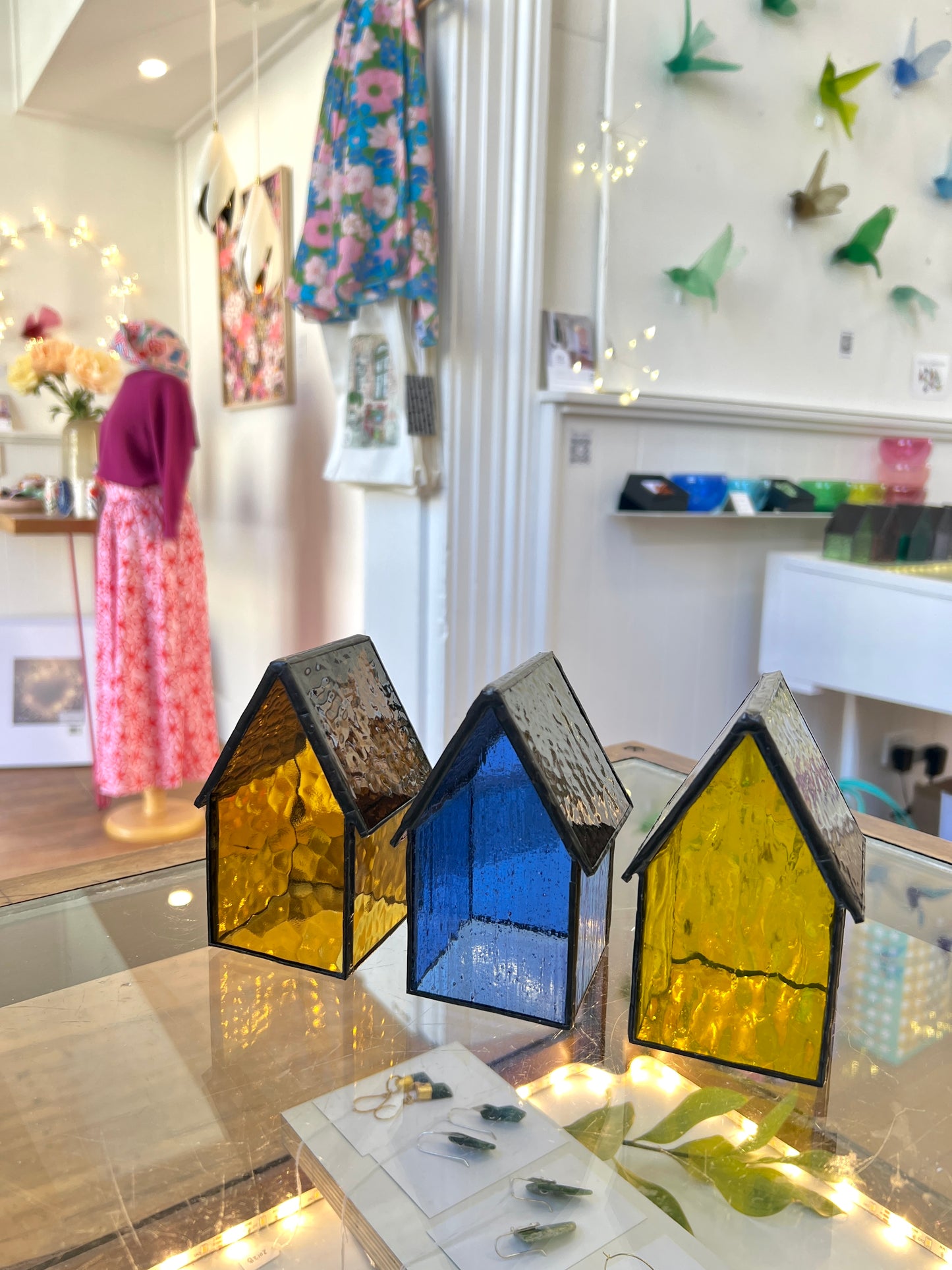 Stained Glass Tea Light House - Dark Yellow