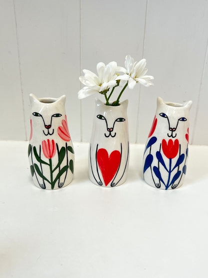 Mini Ceramic Happy Cat Vase by Studio Soph - Red Tulips, Blue Leaves