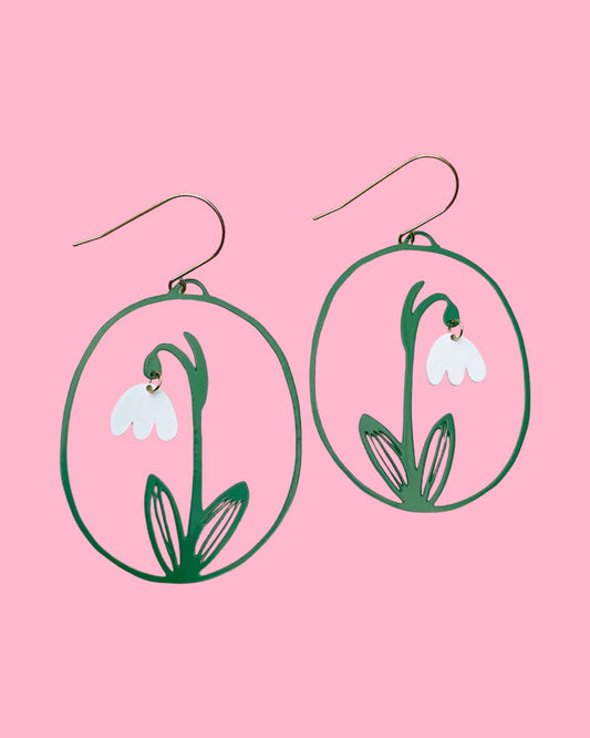 Snowdrop Flower Earrings in White & Green