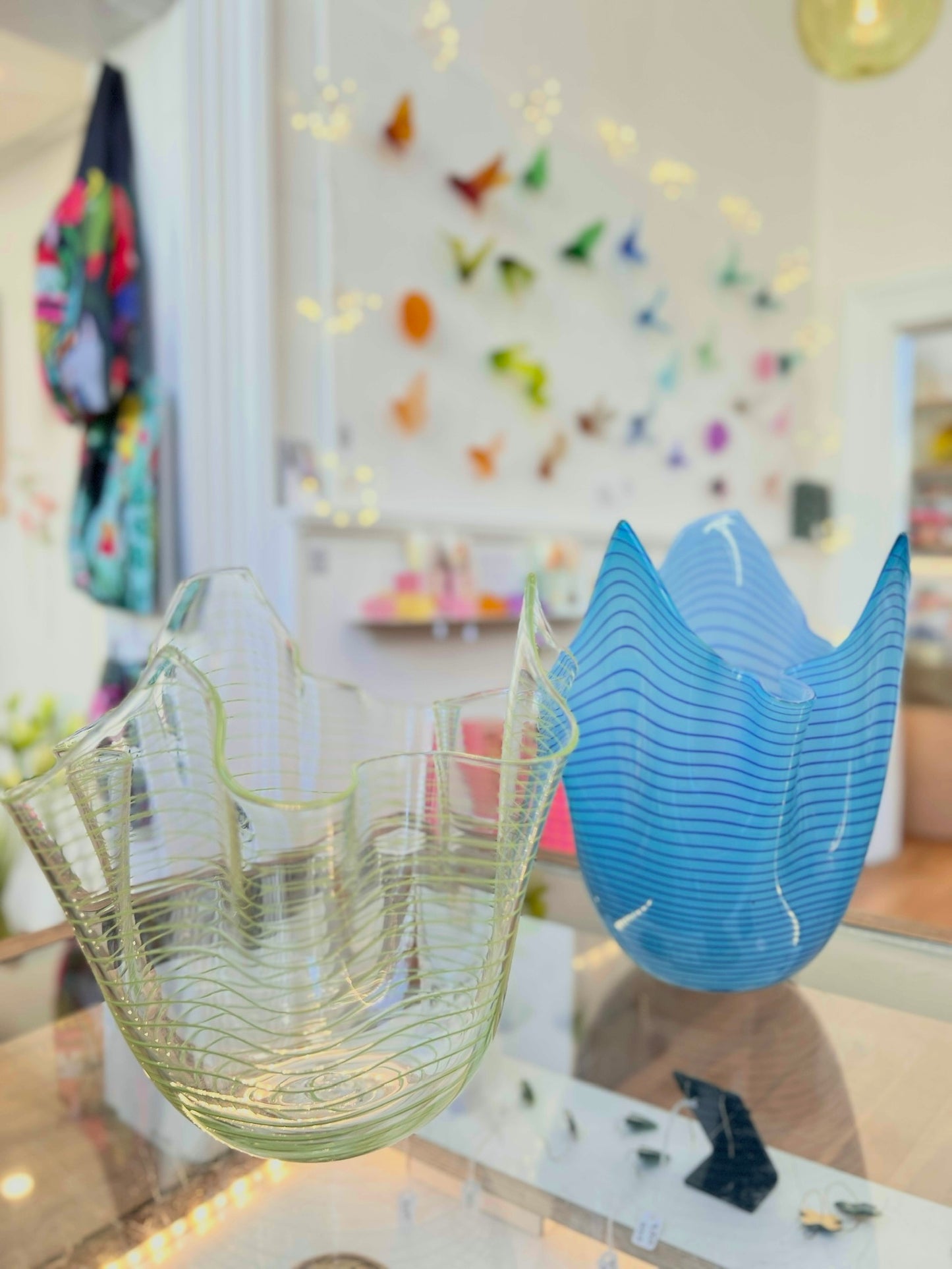Green stripe Handblown Glass Fazzoletto Bowl - Isobar series