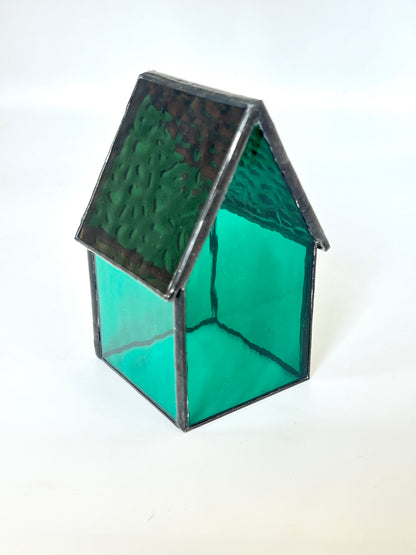 Stained Glass Tea Light House - Emerald Green