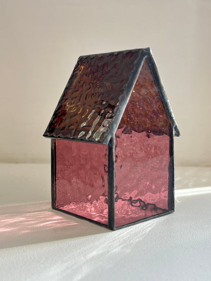 Stained Glass tea light House - Ruby/Purple