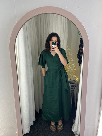 "Kelsey" Dress - Bottle Green Linen