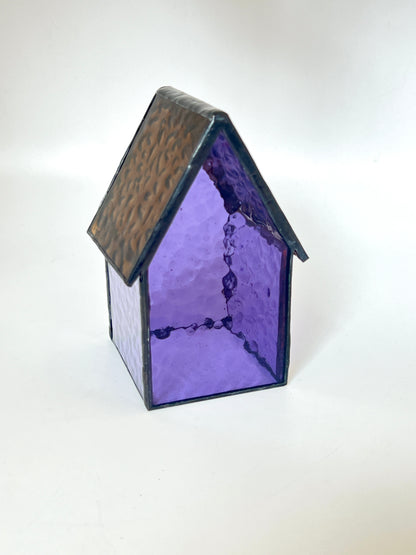 Stained Glass tea light House - Purple