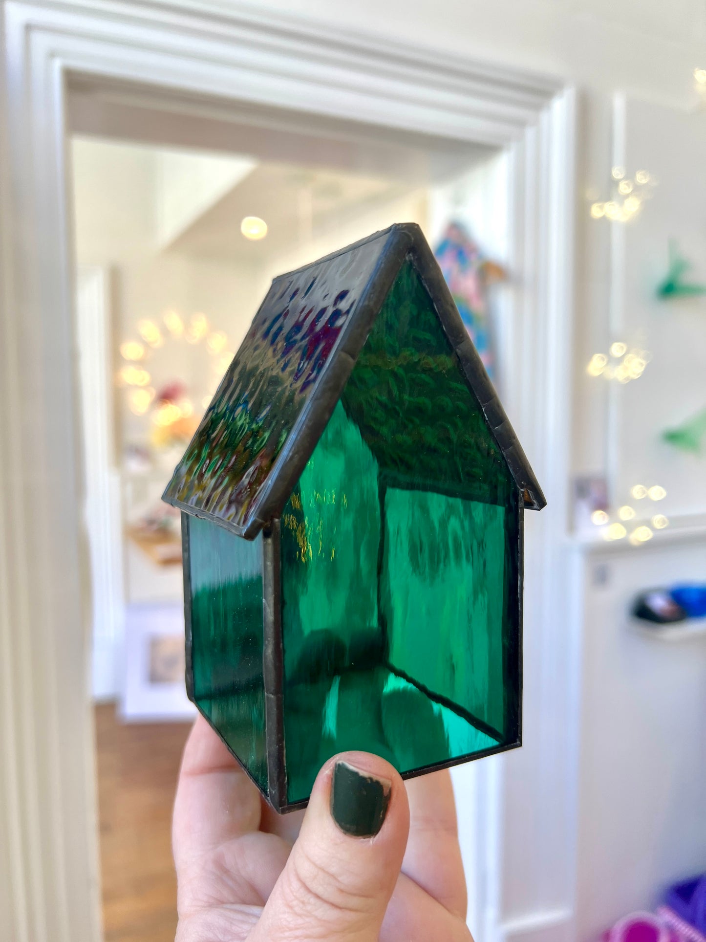 Stained Glass Tea Light House - Emerald Green