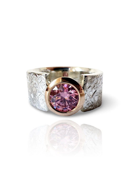 Pink Moissanite, Yellow Gold & Textured Silver Wide band Ring (CI-515)