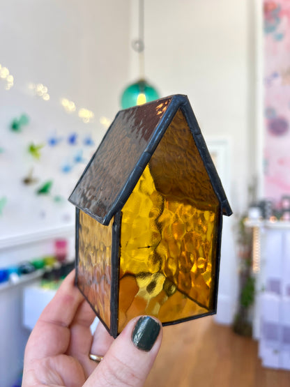 Stained Glass Tea Light House - Dark Yellow