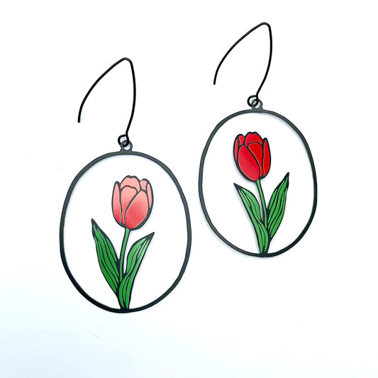 Tulip Flower Earrings in Black, Red & Green