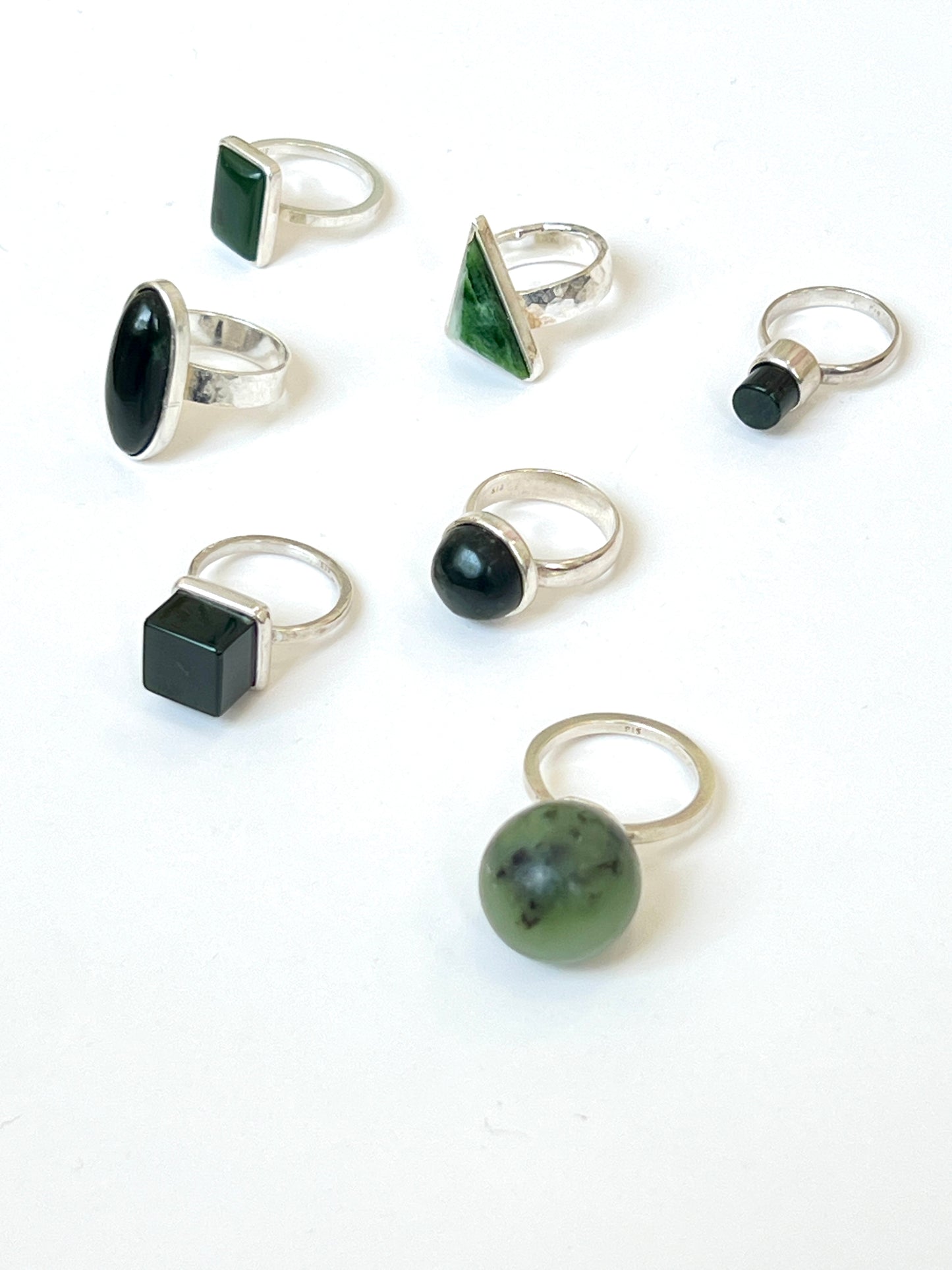 Long Triangle Facet Pounamu & Sterling Silver Texture Ring (RI-TR3)