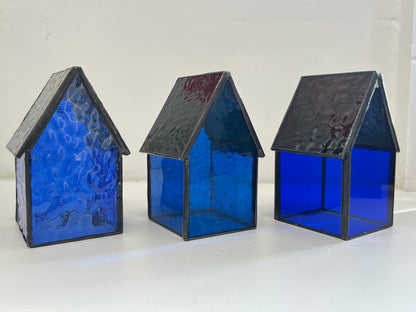 Stained Glass tea light House - Lighter Blue