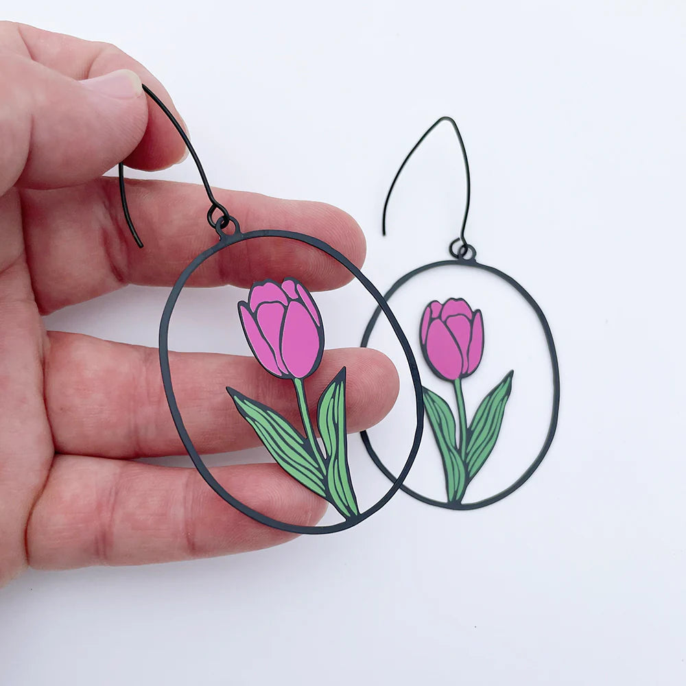 Tulip Flower Earrings in Black, Pink & Green