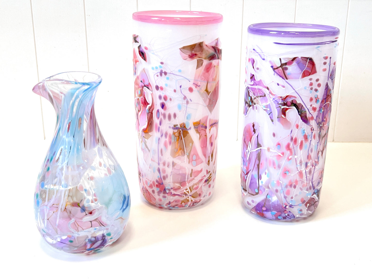 White with Violet Shard Handblown Glass Cylinder Vase - by Grinter Glass