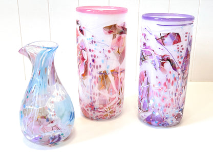 White with Violet Shard Handblown Glass Cylinder Vase - by Grinter Glass