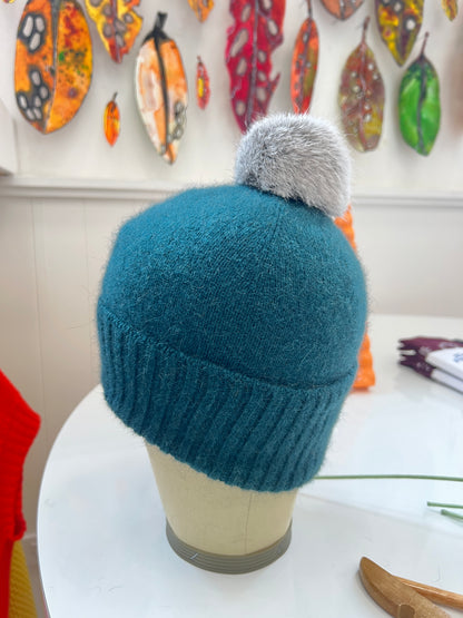 Possum Merino Turn Back Beanie with Rabbit Fur Pompom - Tasman