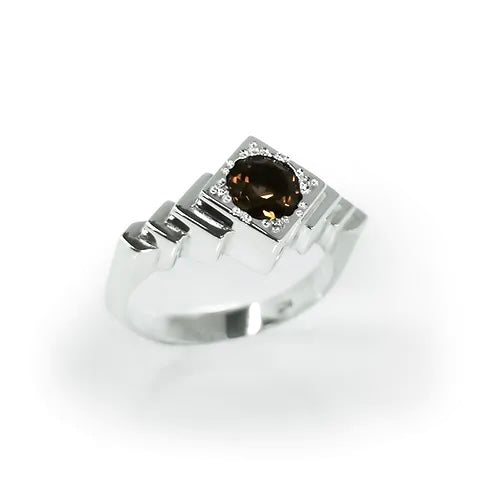 Temple Ring, Sterling Silver & Smokey Quartz: Size R 1/2