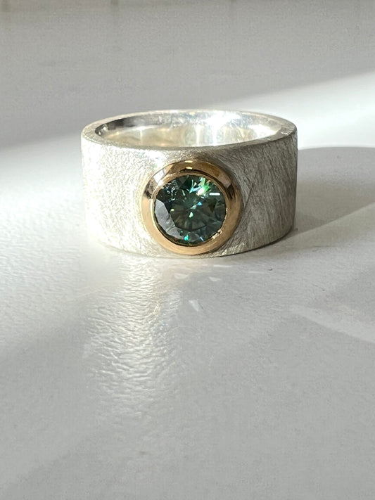 Blue Moissanite with Gold & Textured Sterling Silver Ring (CI129)