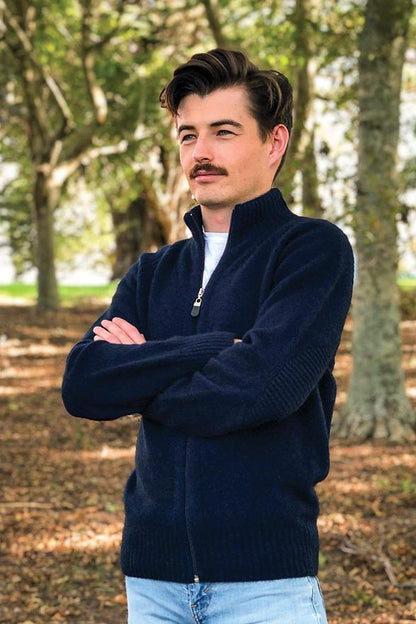 Possum Merino Men's Patch Jacket - Midnight Blue - full zip