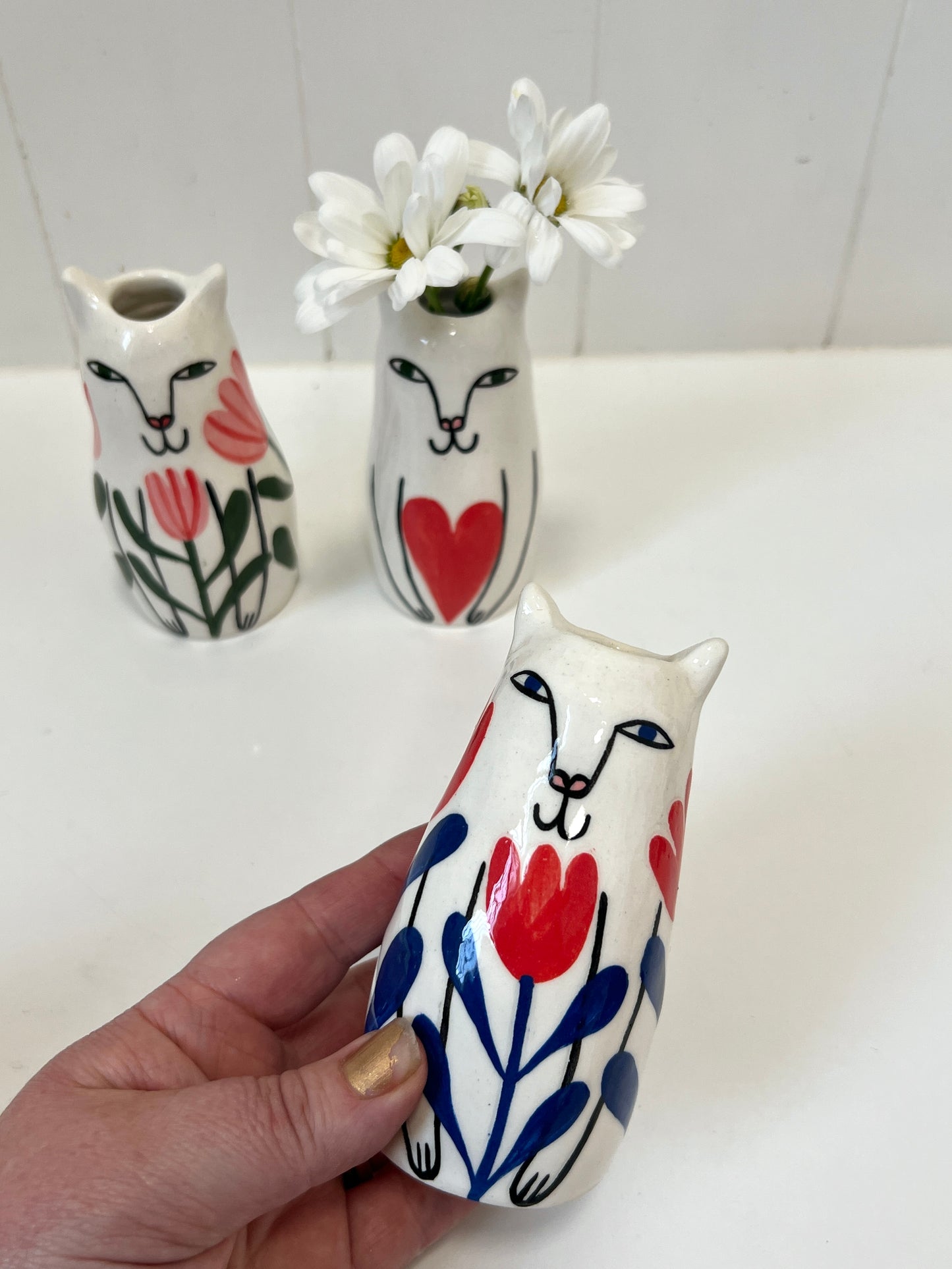 Mini Ceramic Happy Cat Vase by Studio Soph - Red Tulips, Blue Leaves