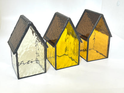Stained Glass Tea Light House - Dark Yellow