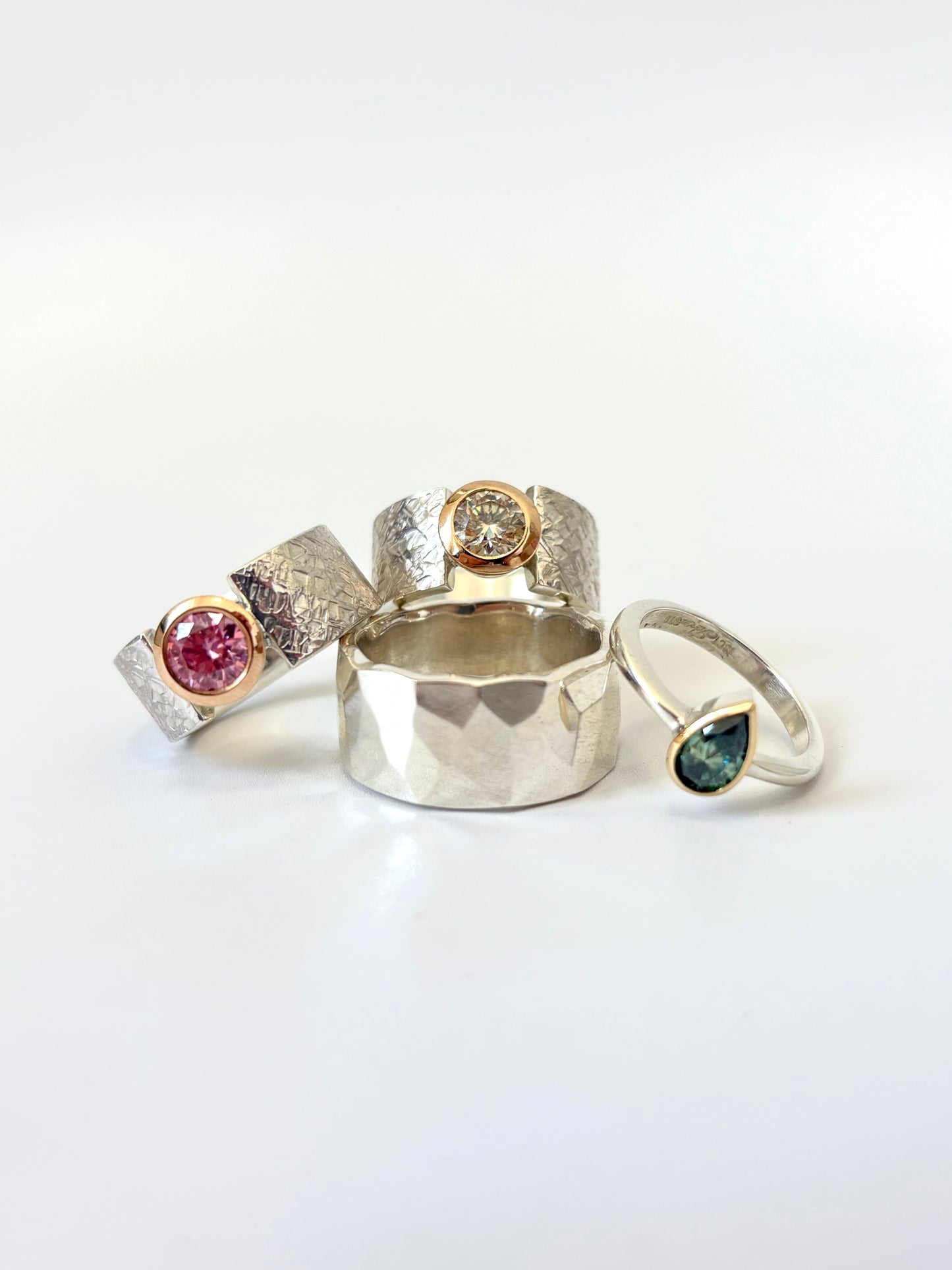 Pink Moissanite, Yellow Gold & Textured Silver Wide band Ring (CI-515)