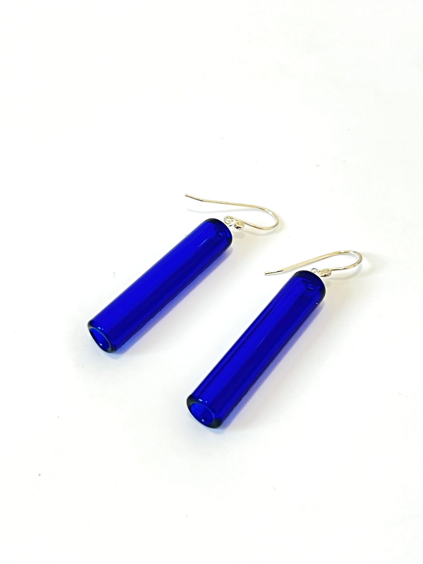 Glass Cylinder & Sterling Silver Earrings - Cobalt Blue