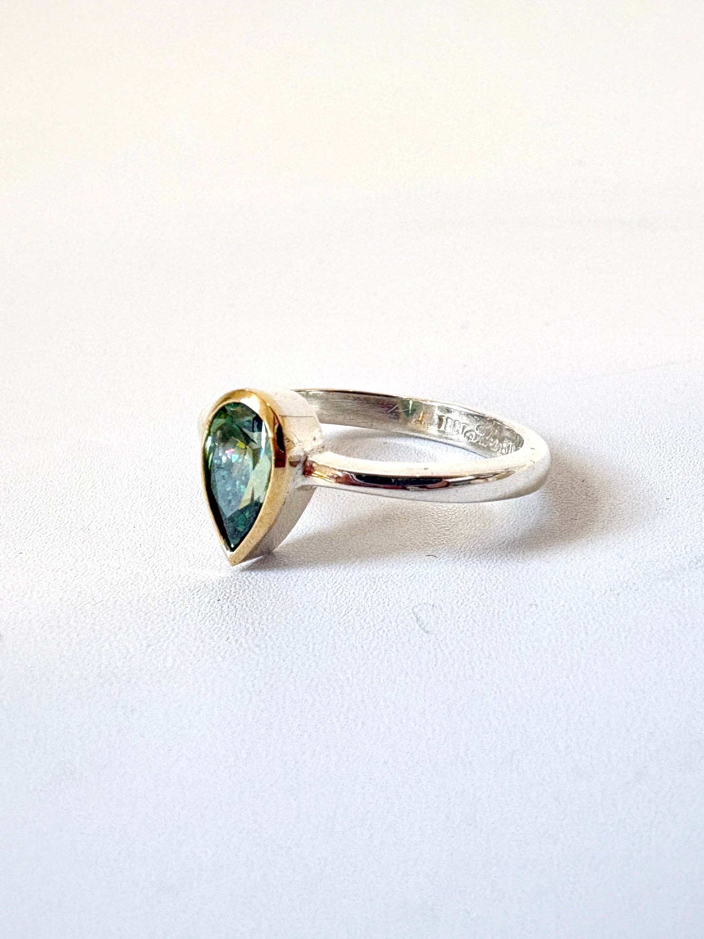 Teardrop Blue-Green Moissanite Ring in 18ct Yellow Gold & Sterling Silver (CI-511)