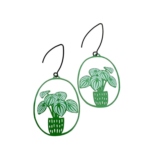 Midi Watermelon Peperomia Plant Earrings in Green