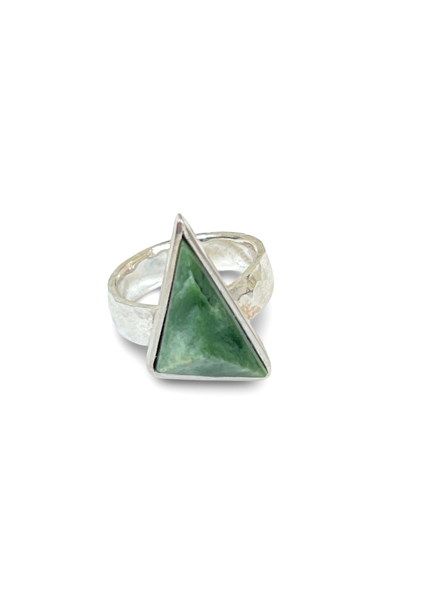 Long Triangle Facet Pounamu & Sterling Silver Texture Ring (RI-TR3)
