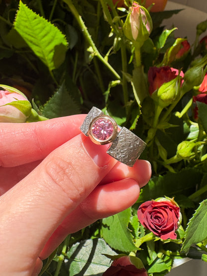 Pink Moissanite, Yellow Gold & Textured Silver Wide band Ring (CI-515)