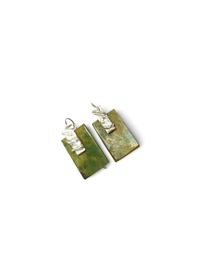 Square Pounamu earrings with reticulated silver (EA-SQ3)