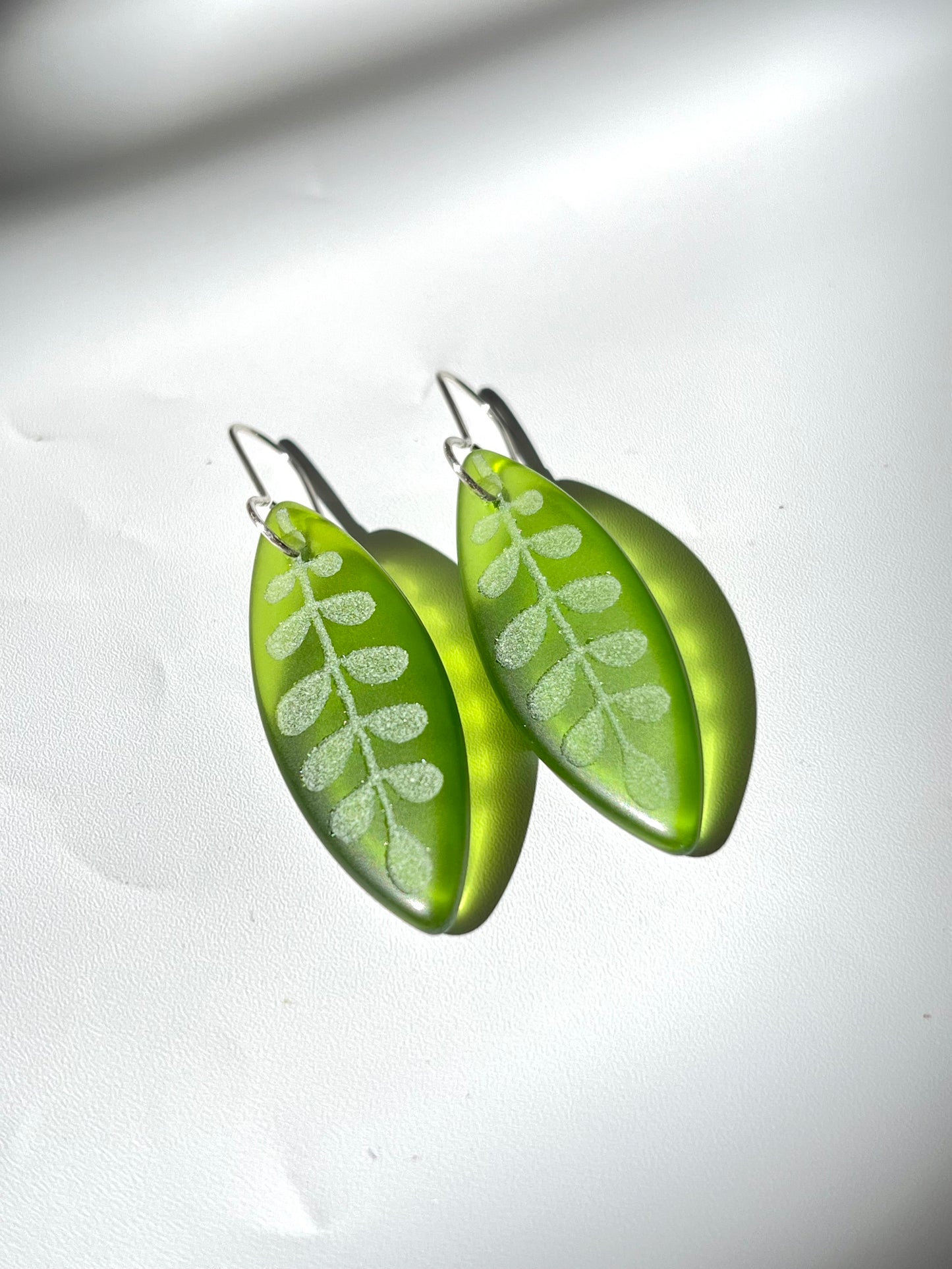 Kowhai Leaf Earrings - Green Glass