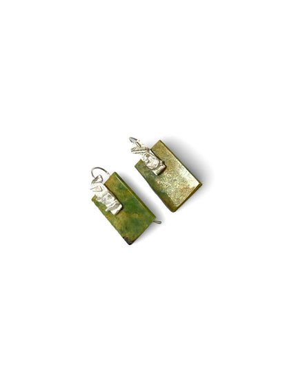 Square Pounamu earrings with reticulated silver (EA-SQ3)