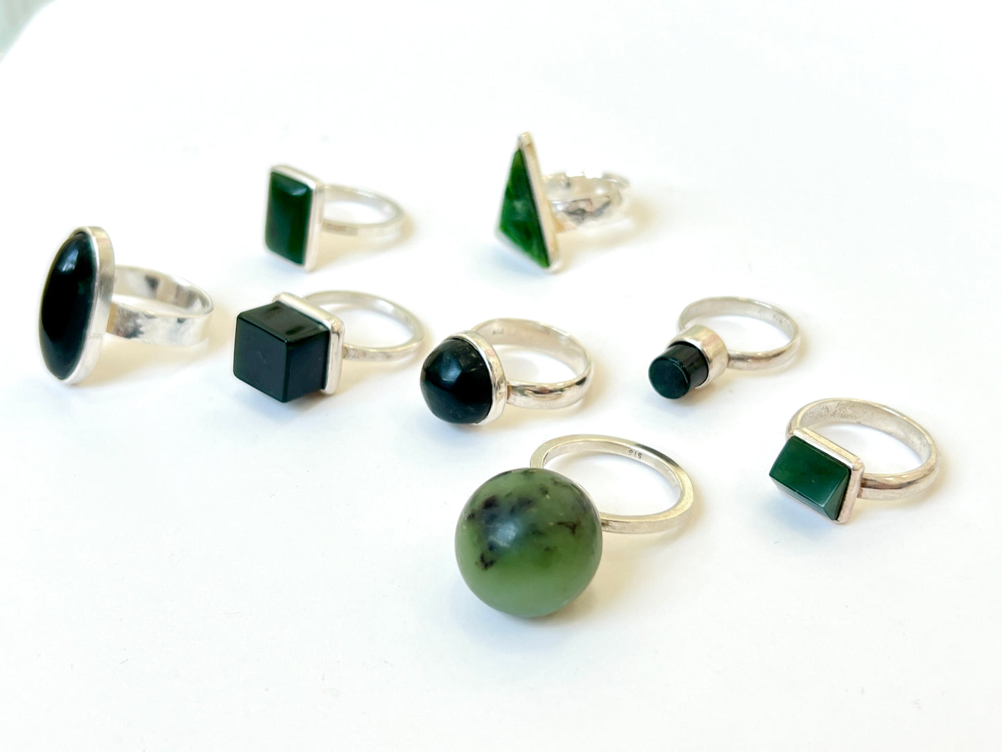Long Triangle Facet Pounamu & Sterling Silver Texture Ring (RI-TR3)