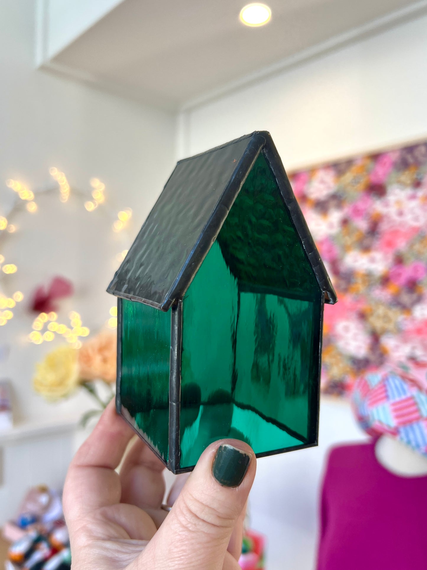 Stained Glass Tea Light House - Emerald Green