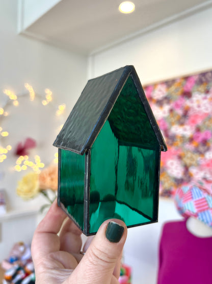 Stained Glass Tea Light House - Emerald Green