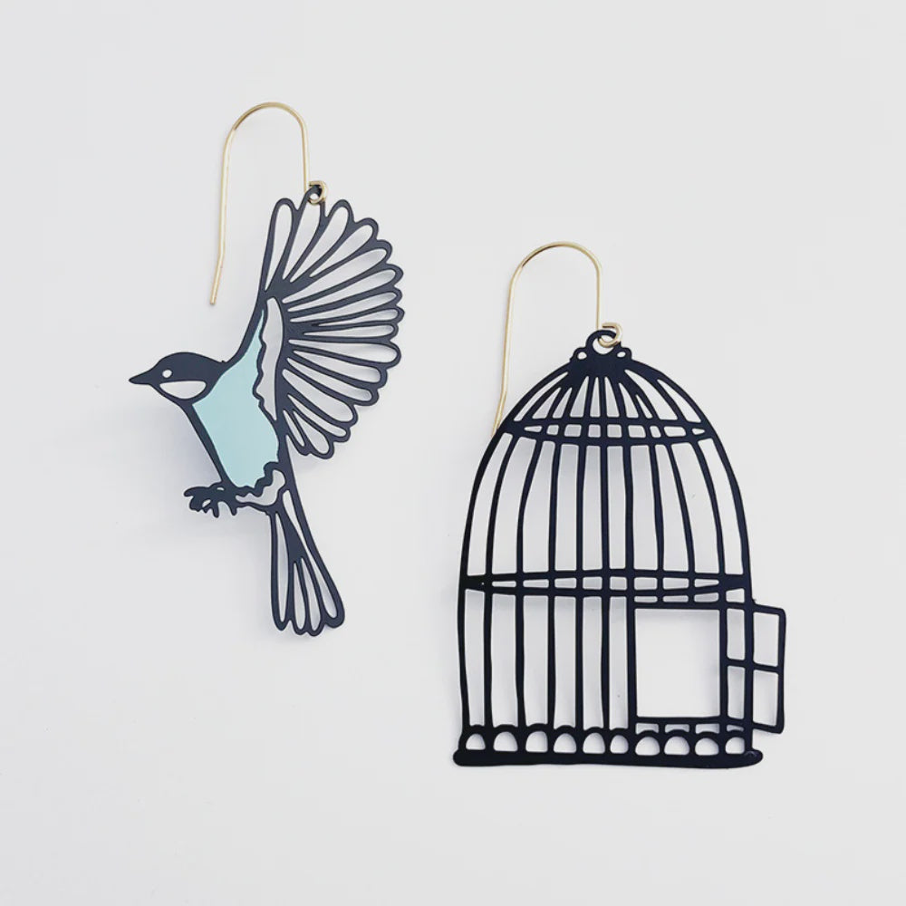 Birdcage & Bird Earrings in Black & Duck Egg Blue